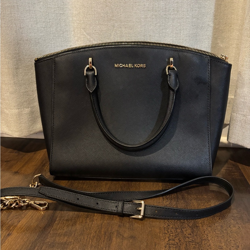 Michael Kors Black Saffiano Satchel with Gold Accents